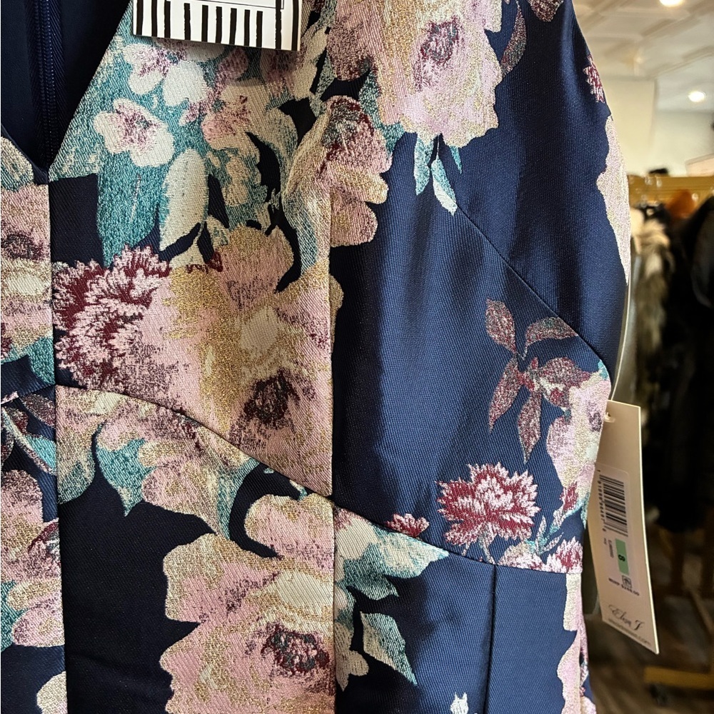 Eliza J Navy and Pink Floral jacquard high low gown size 8 NWT - Picture 3 of 4
